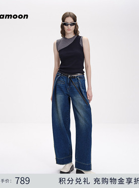 【fafamoon设计师品牌】秋冬细皮带低腰打褶弧形复古修身牛仔裤女