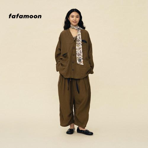【2026春季新品】fafamoon设计师品牌 缝线装饰亚麻宽松八分裤