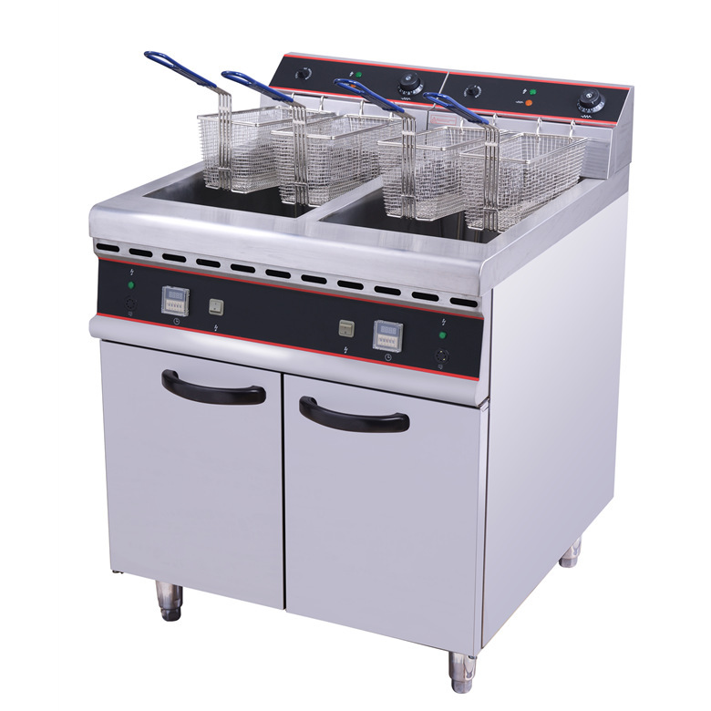 商用西餐厨房设备燃气电炸炉立式电炸锅连柜座台式双缸四筛电炸锅