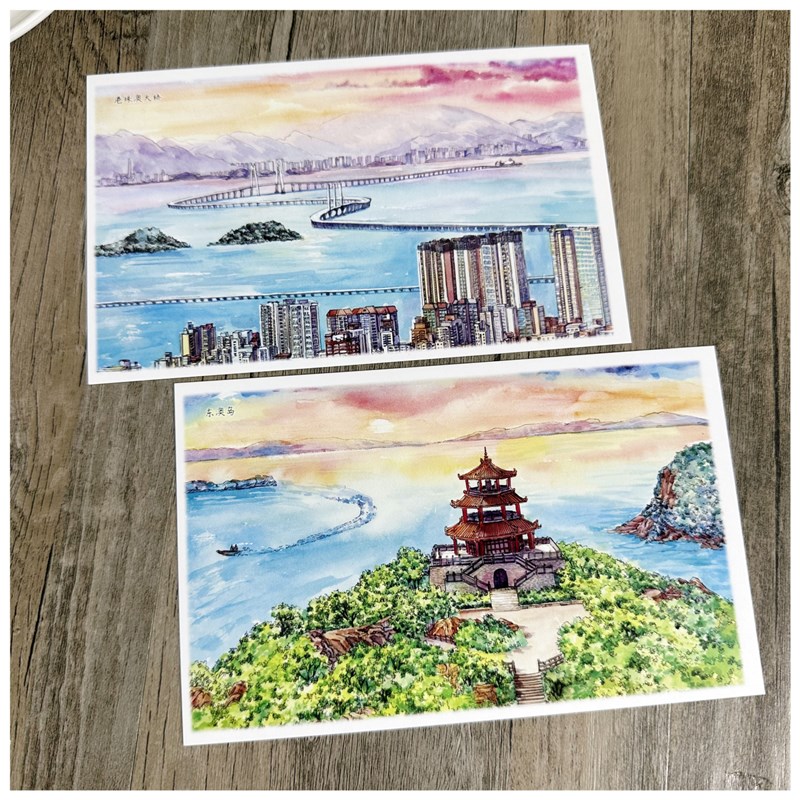 10张手绘版广东珠海明信片城市风景卡片景点旅游纪念港珠澳大桥等