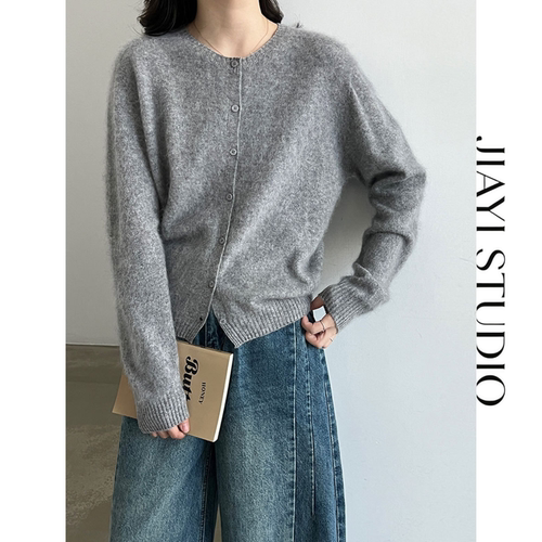 JIAYI STUDIO软糯绵羊毛韩系圆领拉毛针织开衫女秋慵懒风温柔毛衣