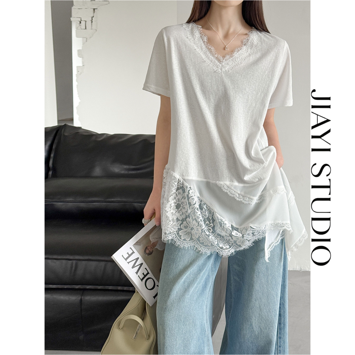 JIAYI STUDIO韩系叠穿打底蕾丝花边背心上衣不规则中长款短袖