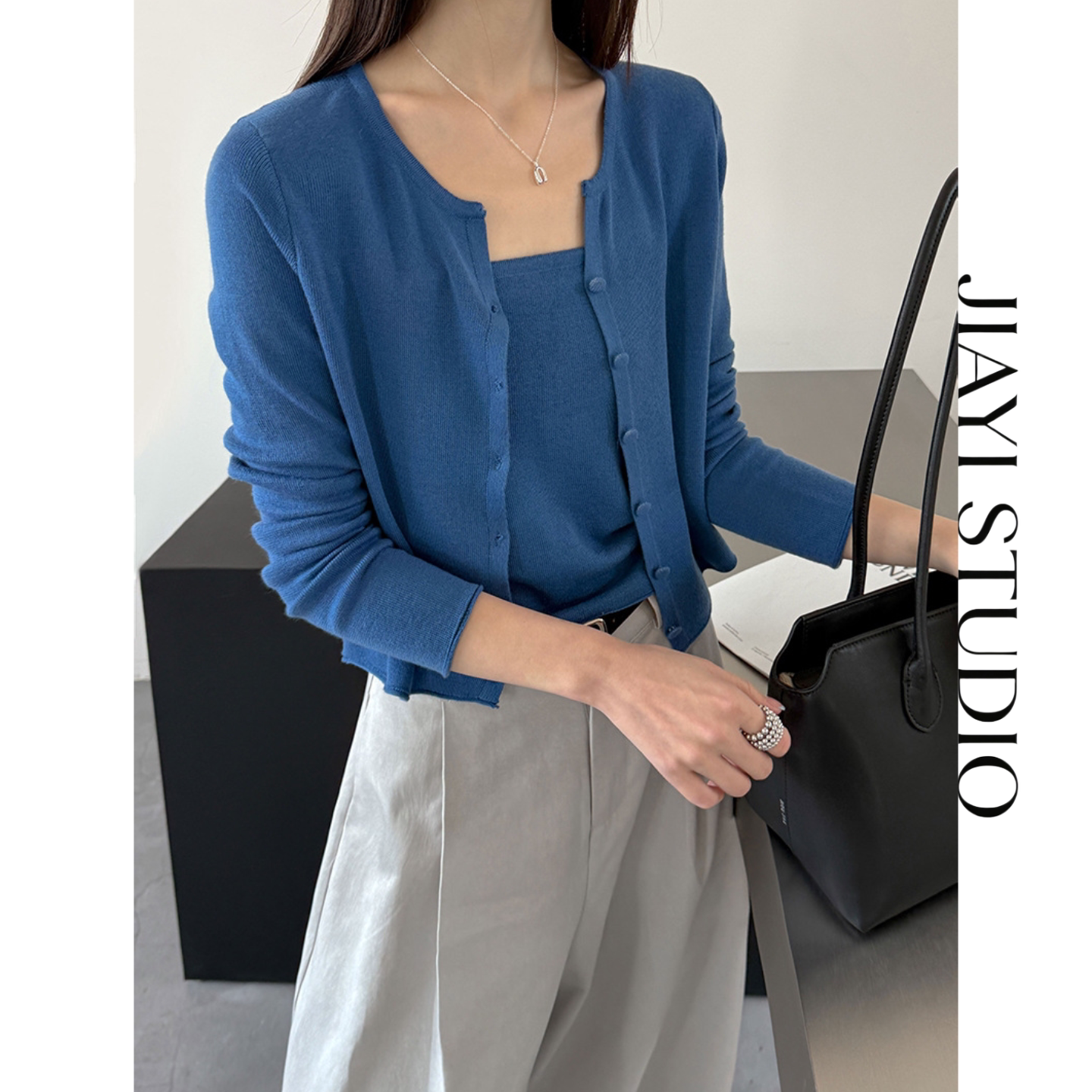 JIAYI STUDIO三色软糯亲肤小套装修身性感吊带背心开衫两件套套装