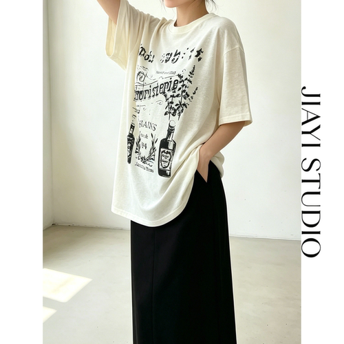美式休闲风裂纹涂鸦印花短袖T恤女百搭宽松显瘦圆领上衣