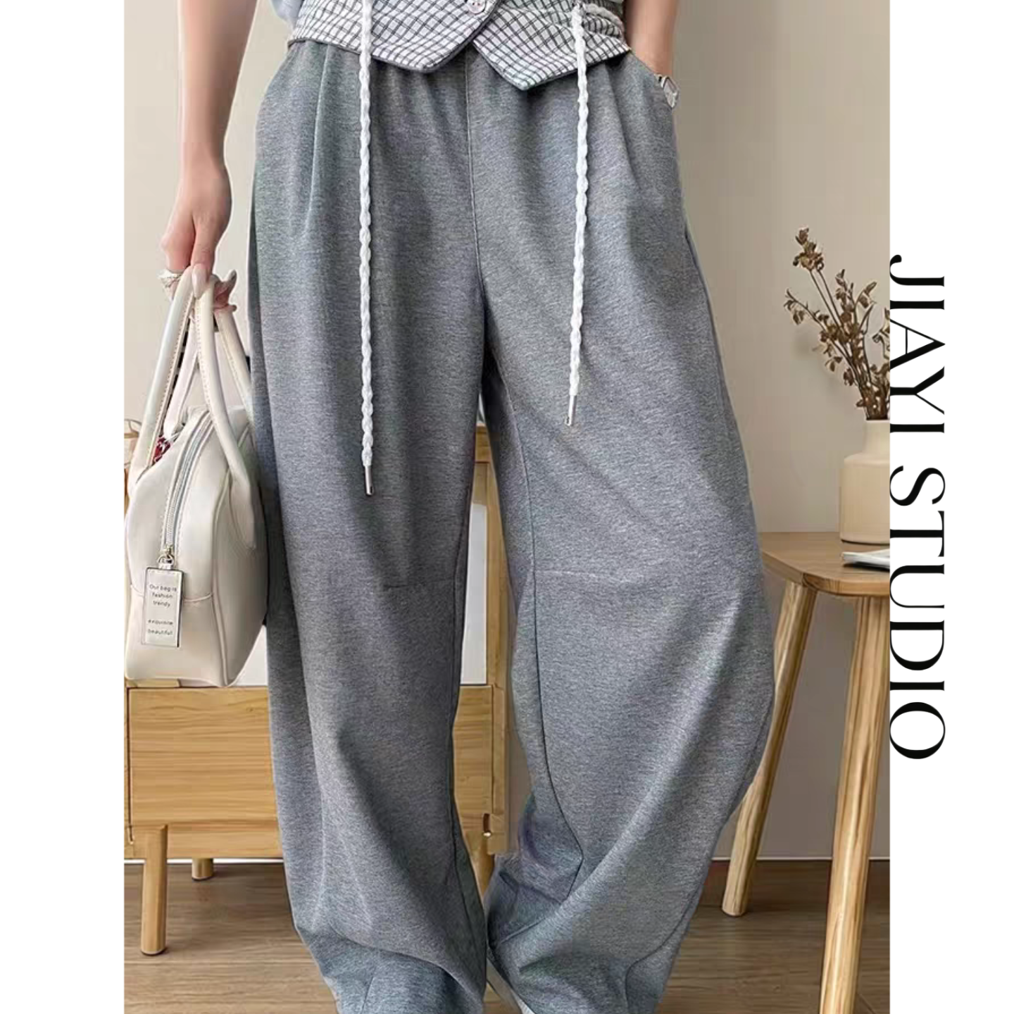 JIAYI STUDIO可拆卸格纹腰带松紧高腰显瘦弯刀阔腿卫裤休闲裤