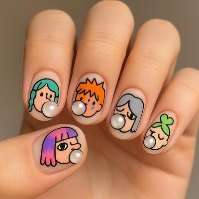 吹泡泡女孩浮雕立体美甲贴纸3D