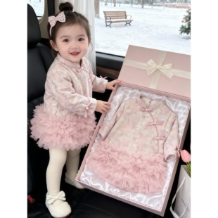 女童富家千金感裙子2025新款冬唐装拜年服中国风宝宝周岁礼服汉服