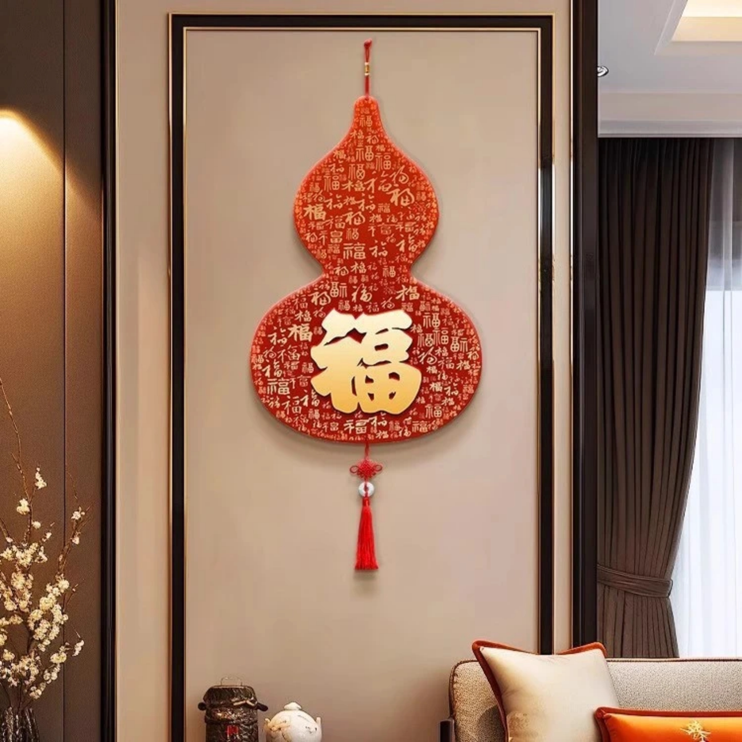 福禄客厅电视背景墙装饰画挂绳画新中式入户进门挂饰葫芦福字挂件