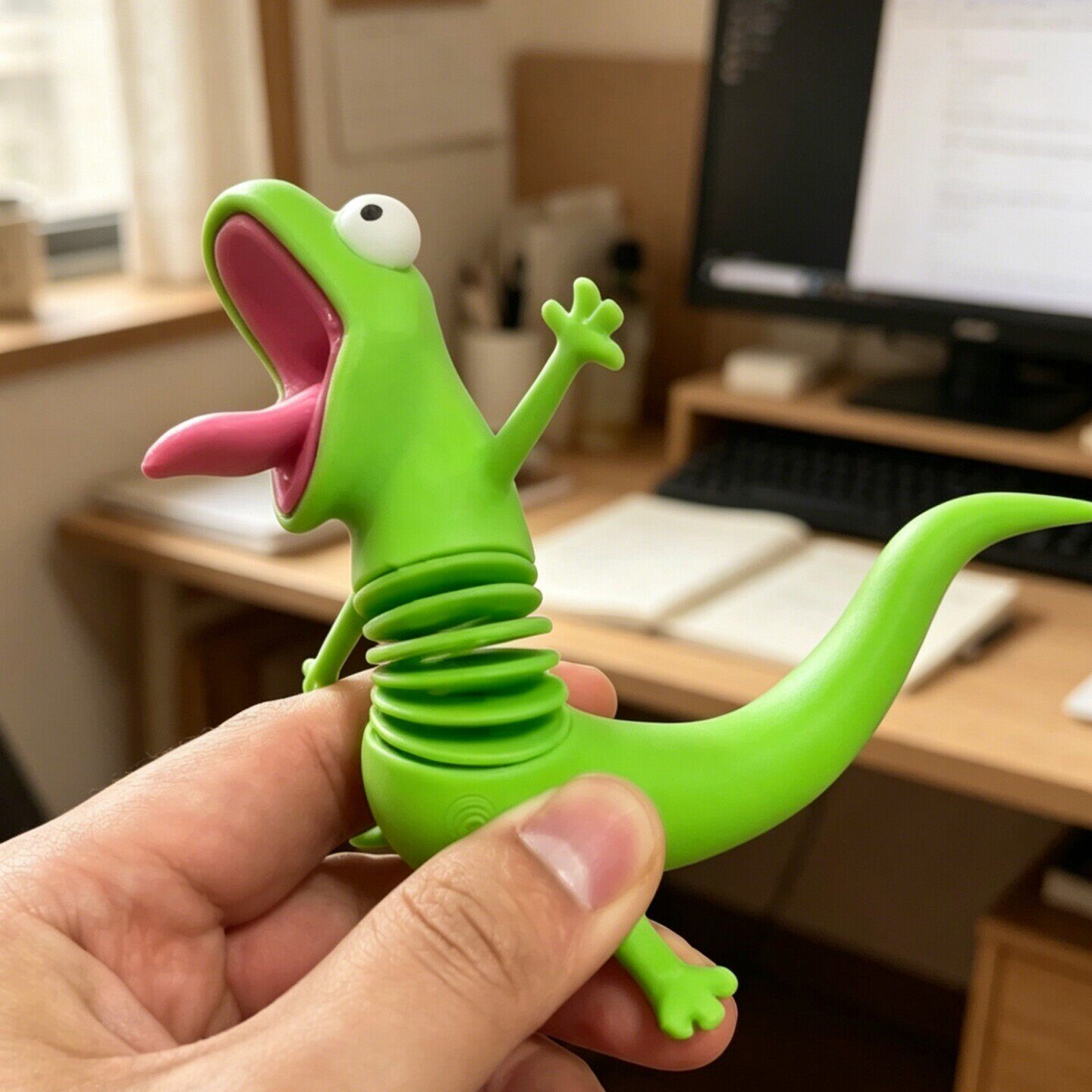 【听说他很火】3d打印绿色弹簧小蜥蜴办公室上班搭子解压摆件玩偶