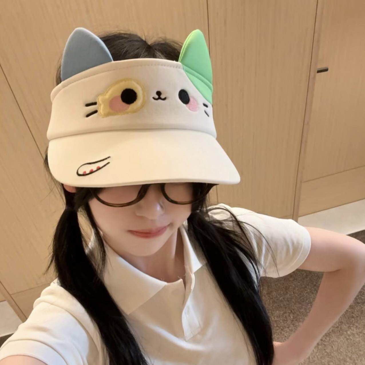 可爱卡通小花猫空顶帽子女夏季拍照出片甜美百搭遮阳防晒太阳帽潮