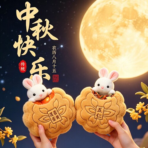 趣味兔子月饼毛绒公仔咬一口五仁豆沙蛋黄月饼玩偶中秋节活动礼品