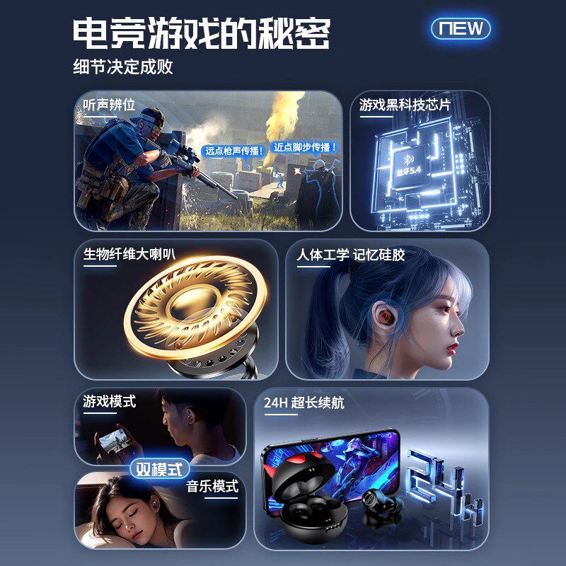 高颜值蓝牙耳机2024年新款电竞游戏零延迟超长待机半入耳音质超好