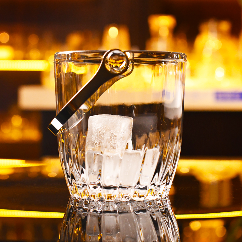 酒吧调酒 日式刻花玻璃小冰桶冰块桶冰粒桶调酒手W提隔层过滤冰桶