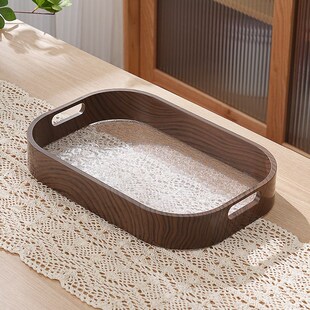 木纹方形托盘酒店奶茶店饮品点心水果复古手提盘放水Z杯茶杯茶盘