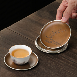 好茗天手工紫铜包银边茶杯垫杯托纯铜功J夫茶具配件家用隔热壶托