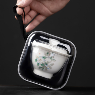 带瓷孔过滤盖碗一壶四杯快客杯y羊脂玉旅行茶具套装 便携包户外旅