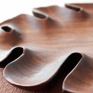 黑胡桃木盘子家用零食盘实木果盘日D式木质创意手工树叶盘茶盘托