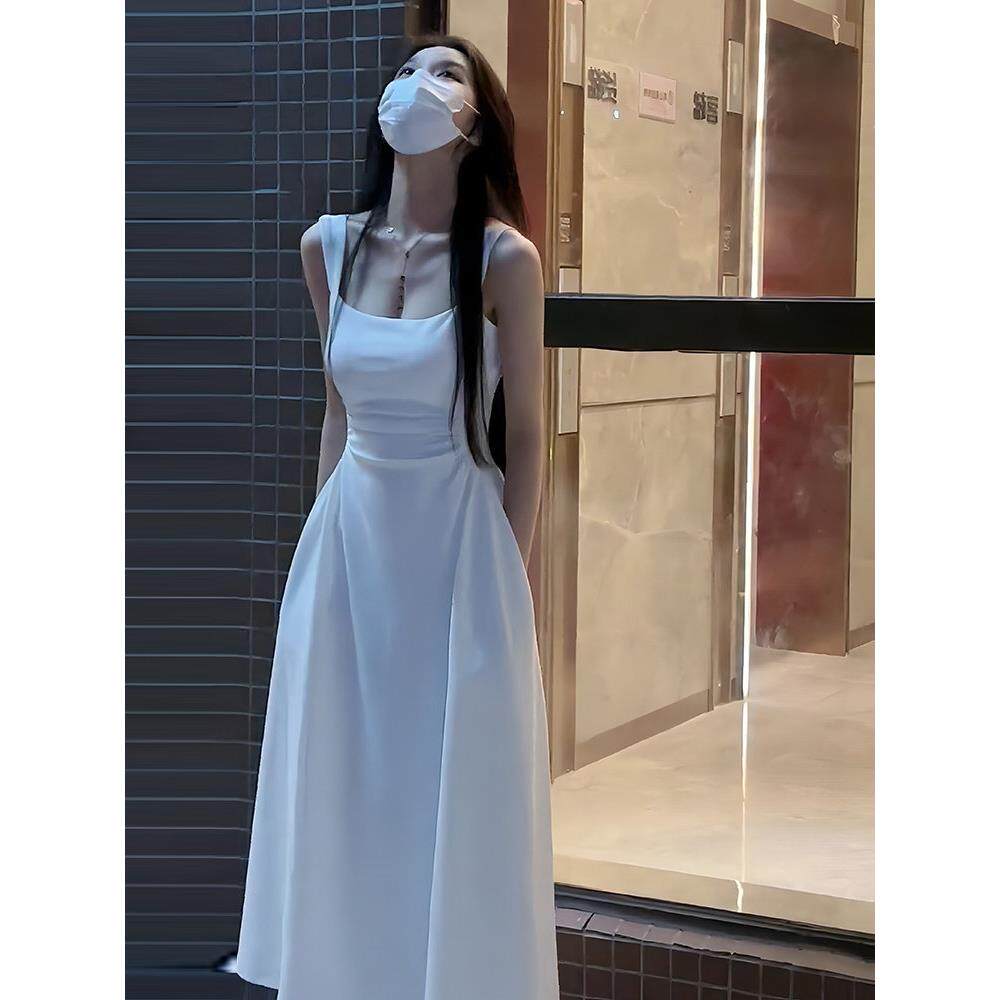 吊带连衣裙女夏新款法式茶歇小个子高级感初恋收腰显瘦白色长裙子