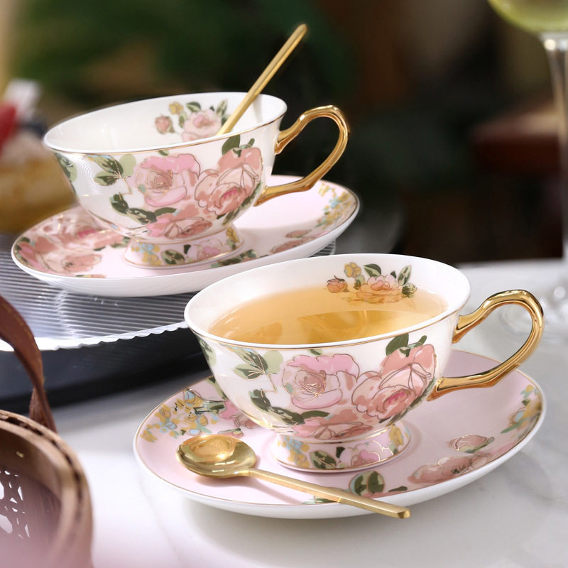 法式花卉轻奢陶骨瓷咖啡杯碟套装精致下午茶杯子水杯玫瑰