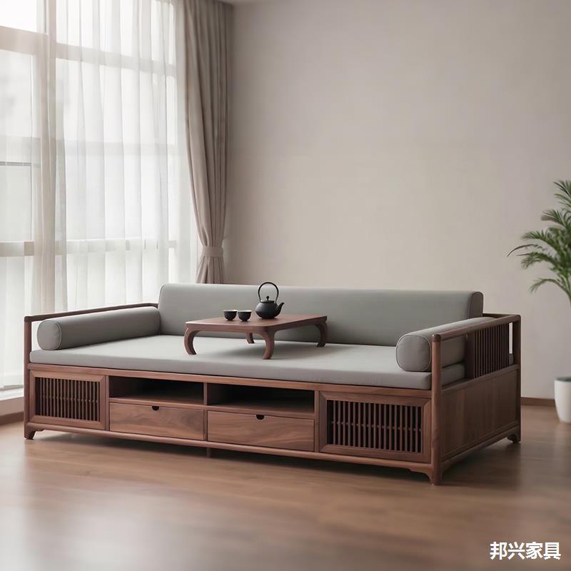 小户型新中式黑胡桃实木三人沙发