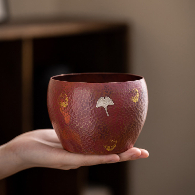 手工铜锤纹茶洗日式建水茶钵干泡茶渣桶紫铜镶银茶杯水盂笔洗茶道