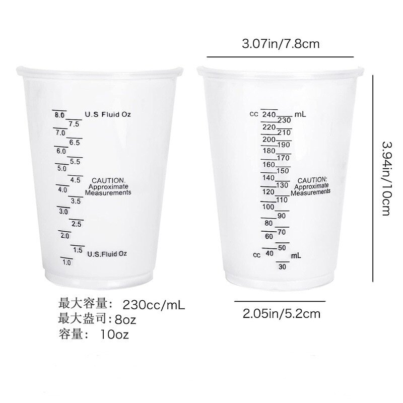 8盎司一次性PP刻度杯混合量杯透明塑料杯混合油漆耐高温(240ml)