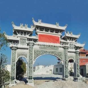 古建石雕牌楼花岗岩山门祠堂石牌楼三门牌坊牌楼村口雕塑石牌坊