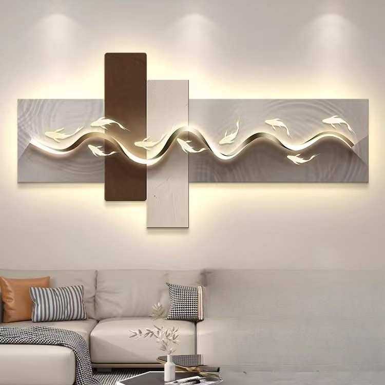 轻奢九鱼客厅装饰画中式高档LED发光抽象金属线条沙发背景墙挂画,3C数码配件,摄像机配件,淘宝优惠券,粉丝福利购,淘宝优惠卷