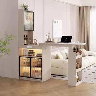 岩板台桌家用客厅奶油风隔断吧台柜伸缩靠墙一体柜创意高桌边柜