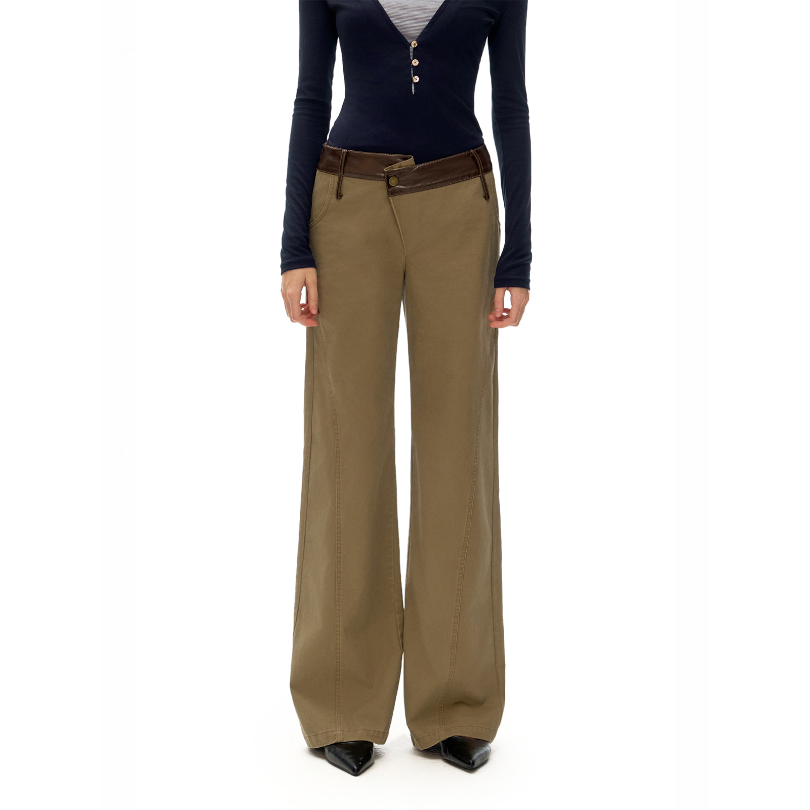 call it a day 灰卡其低腰宽松直筒休闲裤错位拼皮腰头设计拖地裤