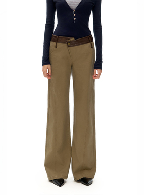 call it a day 灰卡其低腰宽松直筒休闲裤错位拼皮腰头设计拖地裤