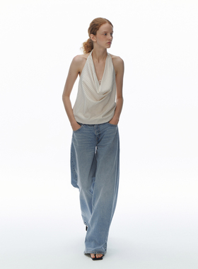 Call it a day 白色波点挂脖荡领上衣女拼蕾丝修身露背无袖背心夏