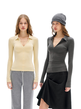 call it a day淡黄/深灰色 翻领半开隐形拉链修身磨毛T恤打底上衣