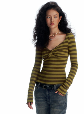call it a day 咖色条纹/灰色条纹/咖绿条纹V领长袖T恤女显瘦上衣