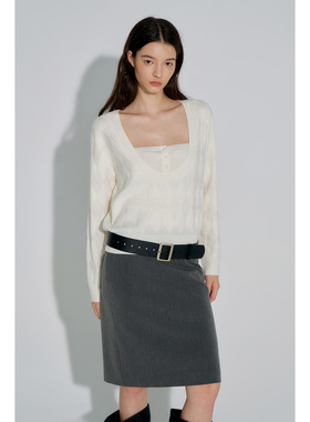 call it a day 卡其色/白色大U领套头菱格毛衣针织吊带背心两件套