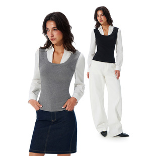 call it a day 黑白/灰白假两件针织背心拼长袖衬衫收腰叠穿上衣