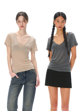 call it a day 铁灰色100天丝/沙色100莱赛尔V领微透短袖T恤上衣