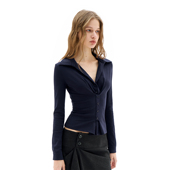 领收腰褶皱长袖 call T恤女V领弹力针织上衣 day 藏青色衬衫