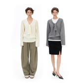 day call 灰色 白色V领宽松系带羊毛针织上衣女慵懒套头毛衣