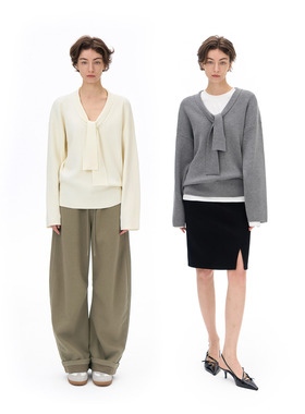 call it a day 灰色/白色V领宽松系带羊毛针织上衣女慵懒套头毛衣