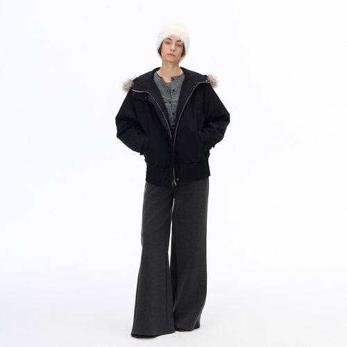 call it a day黑色连帽棉服女简约保暖短款棉衣外套冬 毛领可拆卸
