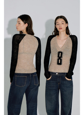 call it a day杏黑撞色深V插肩袖微透修身针织衫女数字提花毛衣秋