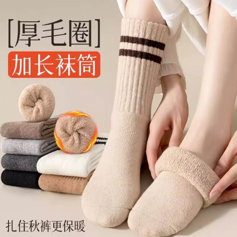 超厚羊毛袜子女秋冬中筒袜加厚保暖棉袜加绒条纹长筒毛巾长袜冬天