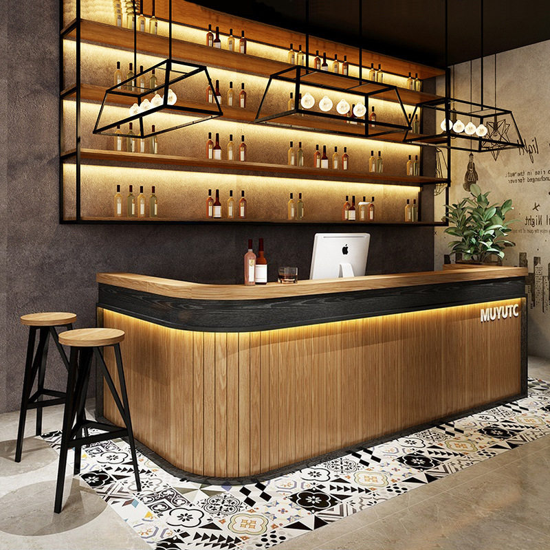 新中式超市奶茶店吧台收银台咖啡店原木色酒吧柜台前台接待台商务