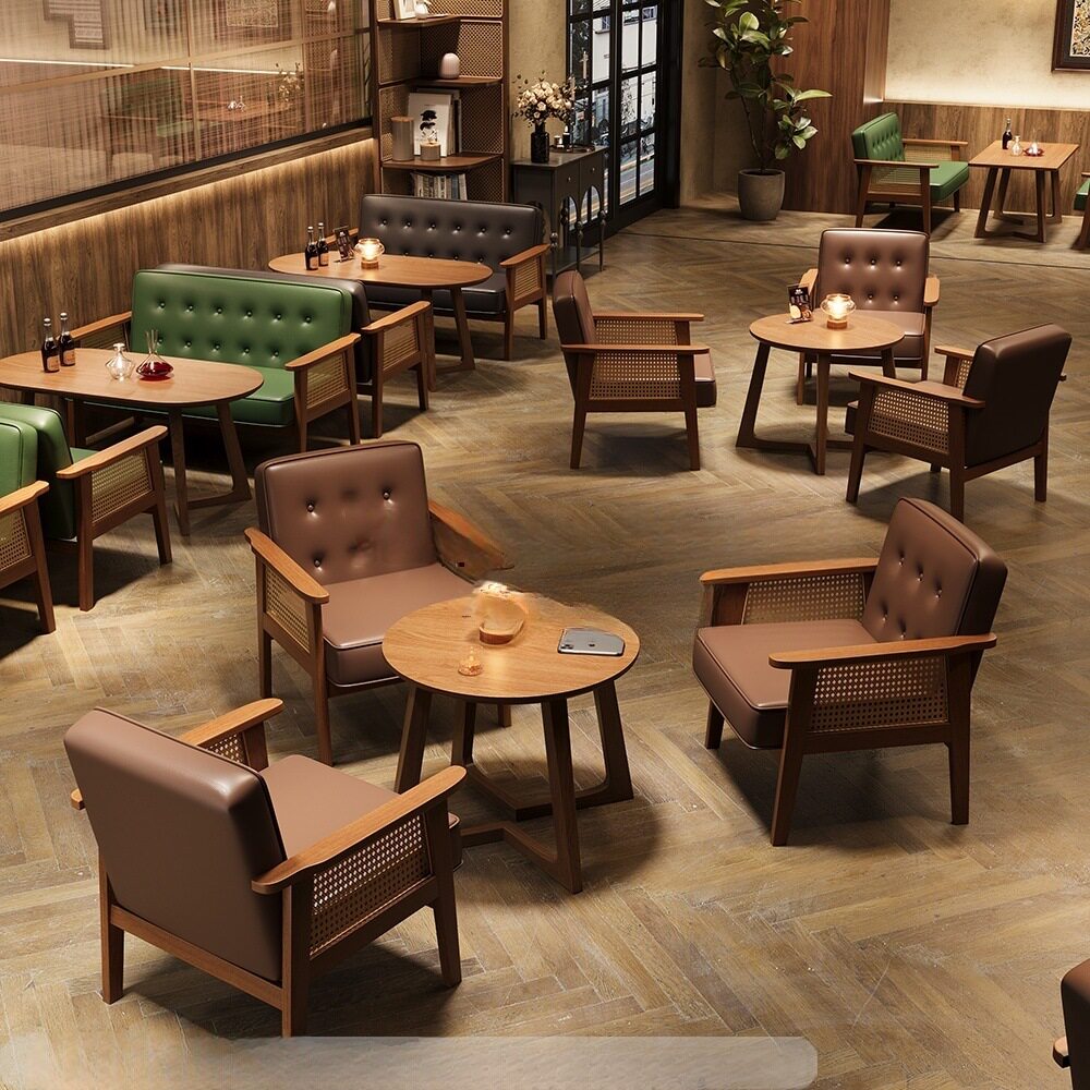 复古咖啡厅卡座沙发酒吧奶茶甜品店商用休闲洽谈接待实木桌椅组合