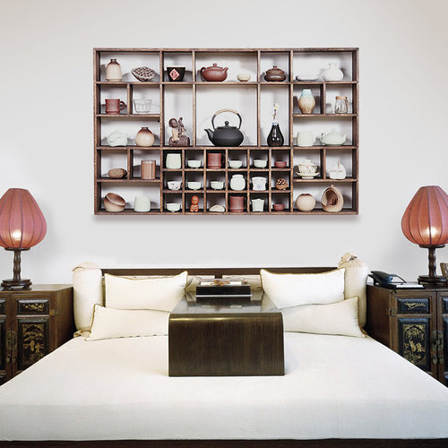 烧桐木博古架多宝阁实木中式壁挂式挂墙置物架壁挂墙茶具架格子架