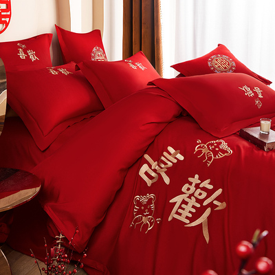 结婚床品刺绣新婚庆四件套陪嫁被套大红色床单婚嫁喜被床上用品