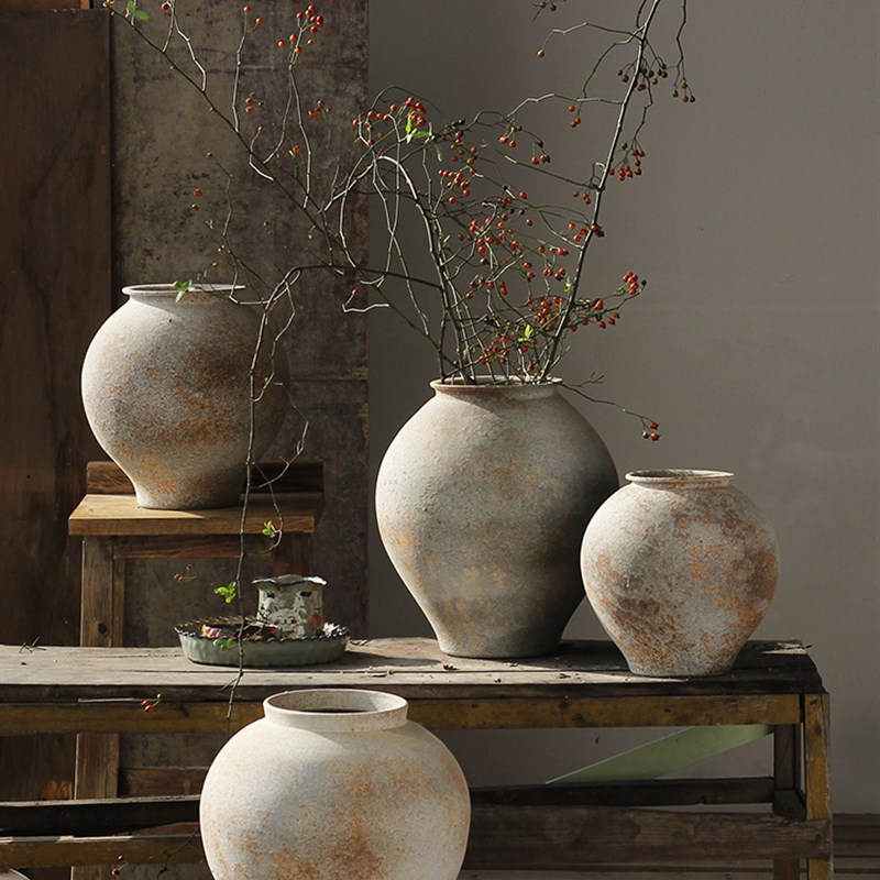 复古陶瓷花瓶日式侘寂风陶罐客厅装饰插干花粗陶花器民俗餐厅摆件