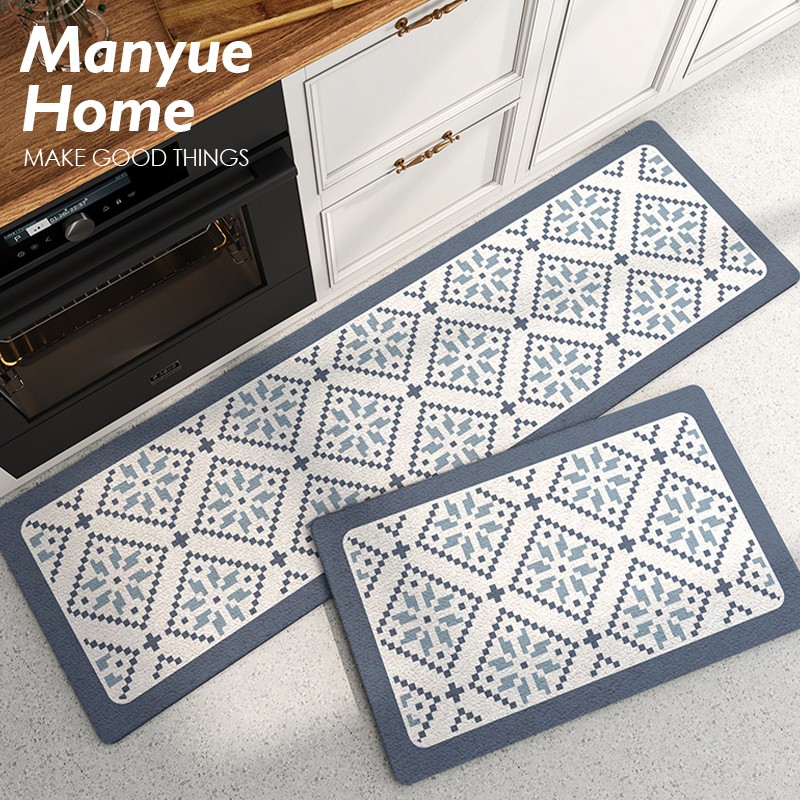 蔓越家 复古郁蓝 地垫防油防水厨房垫子简约脚垫防滑可擦洗地毯