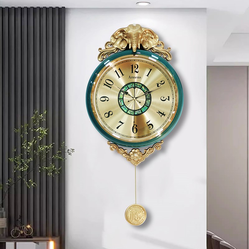 陶瓷黄铜挂钟复古欧式钟表轻奢美式田园客厅装饰摇摆挂表家用石英